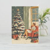 Klassieke Kerstscène Vrouw Hond Versierd Boom Feestdagenkaart (Staand voorkant)