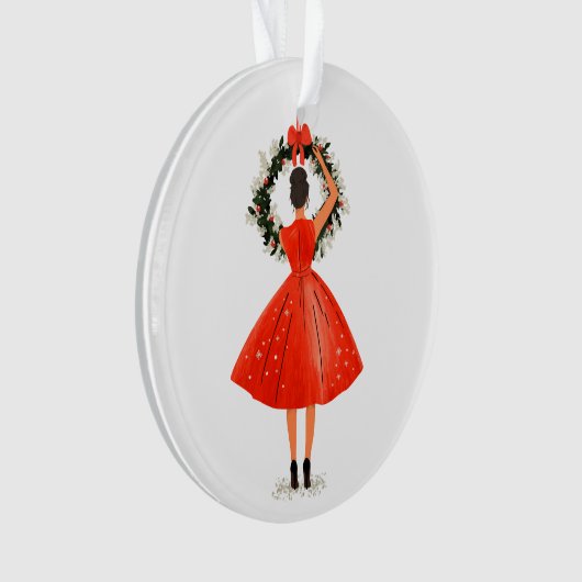 Klassieke kerstschoonheid in rode jurk ornament (voorkant)