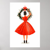 Klassieke kerstschoonheid in rode jurk poster (Voorkant)
