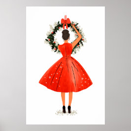 Klassieke kerstschoonheid in rode jurk poster
