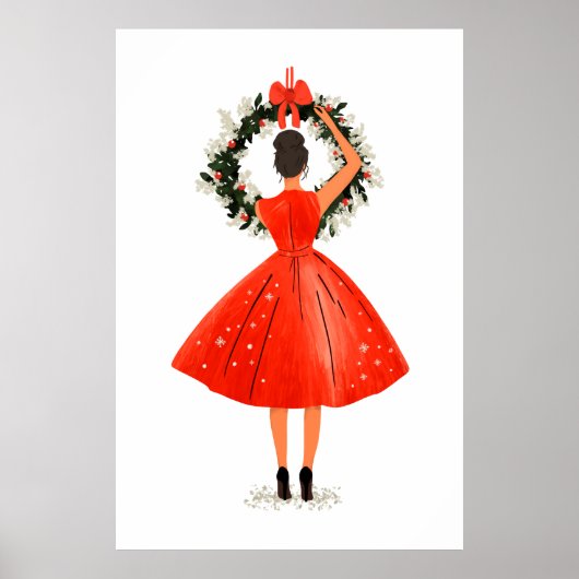 Klassieke kerstschoonheid in rode jurk poster (Voorkant)