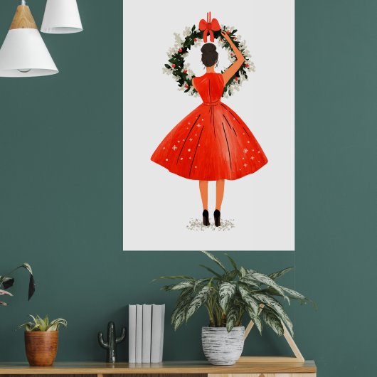 Klassieke kerstschoonheid in rode jurk poster (Woonkamer 1)