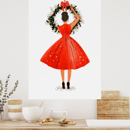 Klassieke kerstschoonheid in rode jurk poster (Keuken)
