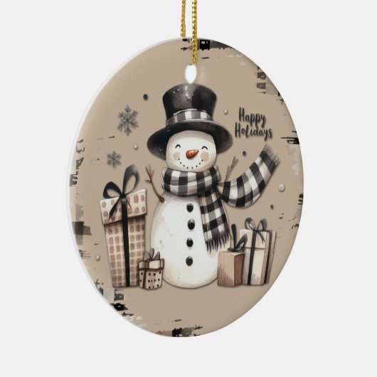 Klassieke kerstsneeuwpop op een warm geplakt ornam keramisch ornament (Rechts)