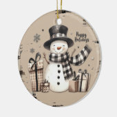 Klassieke kerstsneeuwpop op een warm geplakt ornam keramisch ornament (Links)