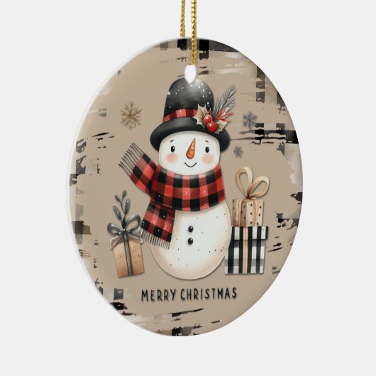 Klassieke kerstsneeuwpop op een warm geplakt ornam keramisch ornament (Rechts)