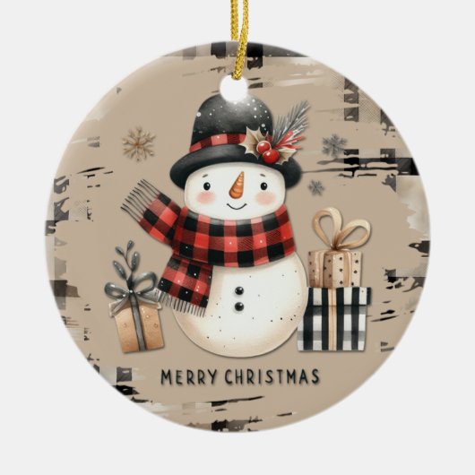 Klassieke kerstsneeuwpop op een warm geplakt ornam keramisch ornament (Voorkant)