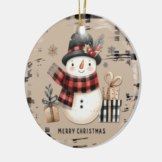 Klassieke kerstsneeuwpop op een warm geplakt ornam keramisch ornament (Links)