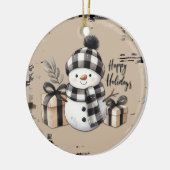 Klassieke kerstsneeuwpop op een warm geplakt ornam keramisch ornament (Links)