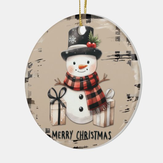 Klassieke kerstsneeuwpop op een warm geplakt ornam keramisch ornament (Links)