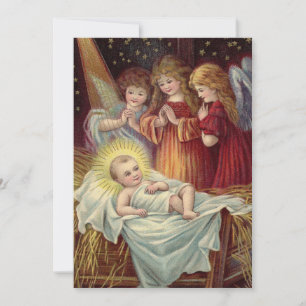 Klassieke Kerststal met baby Jezus en drie engelen Feestdagenkaart