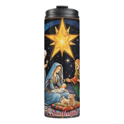 Klassieke kerststal met ster thermosbeker (Voorkant)