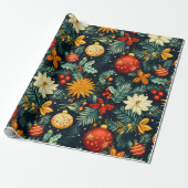 Klassieke kerstversiering & feestelijk gebladerte cadeaupapier (Uitgerold)