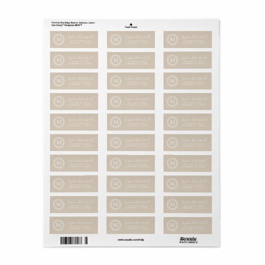 Klassieke Khaki Tan Monogram Return Address Label (Full Sheet)