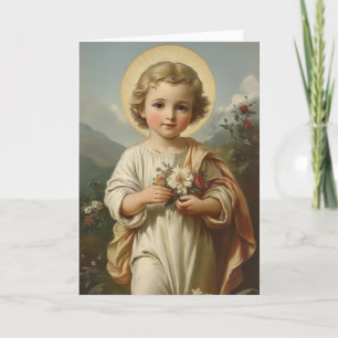 Klassieke Kindeke Jezus bloemstuk Religieus Bedankkaart