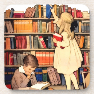 Klassieke kinderen die bibliotheekboeken lezen bier onderzetter