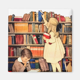 Klassieke kinderen die bibliotheekboeken lezen magneet