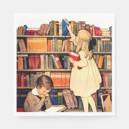 Klassieke kinderen die bibliotheekboeken lezen servet
