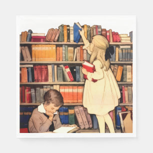 Klassieke kinderen die bibliotheekboeken lezen servet
