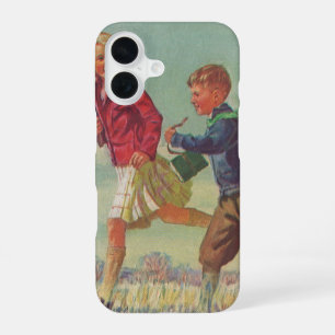 Klassieke kinderen die naar school rennen met boek iPhone 16 hoesje