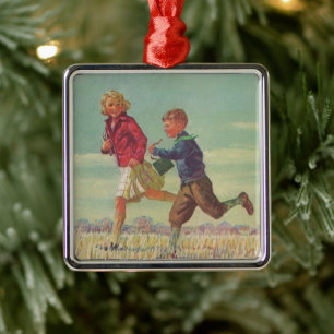 Klassieke kinderen die naar school rennen met boek metalen ornament