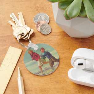 Klassieke kinderen die naar school rennen met boek sleutelhanger