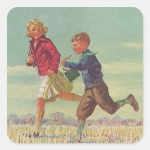 Klassieke kinderen die naar school rennen met boek vierkante sticker