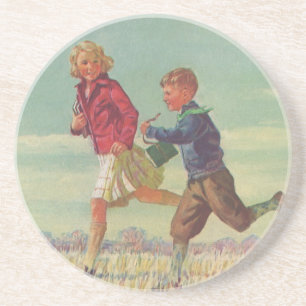 Klassieke kinderen die naar school rennen met boek zandsteen onderzetter