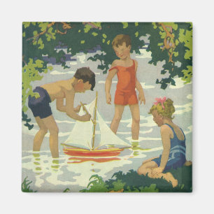 Klassieke kinderen die speelgoed zeilboten op zome magneet