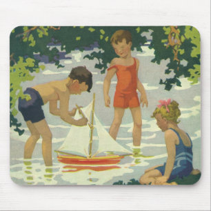 Klassieke kinderen die speelgoed zeilboten op zome muismat