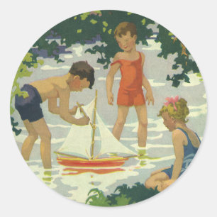 Klassieke kinderen die speelgoed zeilboten op zome ronde sticker