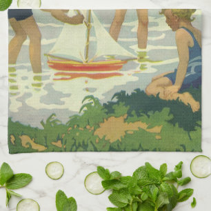 Klassieke kinderen die speelgoed zeilboten op zome theedoek