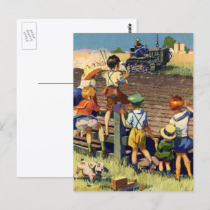 Klassieke kinderen die zwaaien naar lokale boer op briefkaart