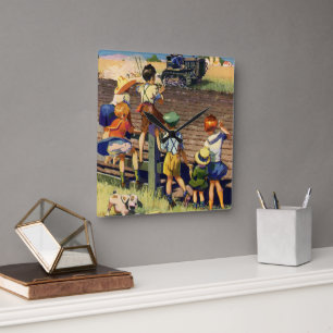 Klassieke kinderen die zwaaien naar lokale boer op vierkante klok