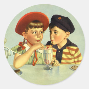 Klassieke kinderen, jongen en meisje delen een mil ronde sticker