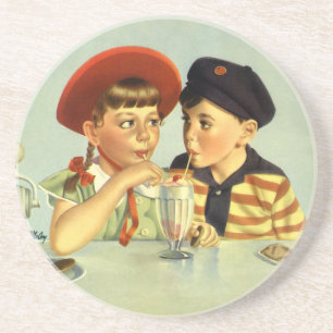 Klassieke kinderen, jongen en meisje delen een mil zandsteen onderzetter