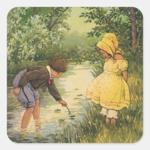 Klassieke kinderen, jongen en meisje spelen bij be vierkante sticker