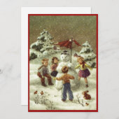 Klassieke kinderen maken een sneeuwman feestdagenkaart (Voorkant / Achterkant)
