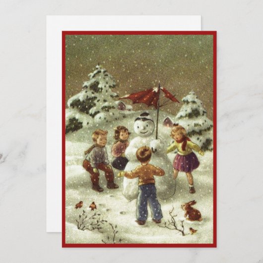 Klassieke kinderen maken een sneeuwman feestdagenkaart (Voorkant / Achterkant)