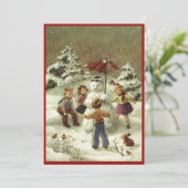 Klassieke kinderen maken een sneeuwman feestdagenkaart (Staand voorkant)
