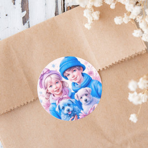 Klassieke kinderen met blauwe en roze puppy's Kers Ronde Sticker