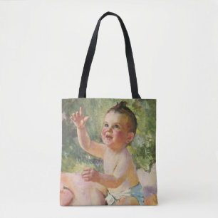 Klassieke kinderen, schattig babymeisje op een roz tote bag