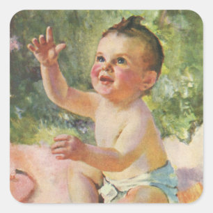 Klassieke kinderen, Schattig babymeisje op een roz Vierkante Sticker