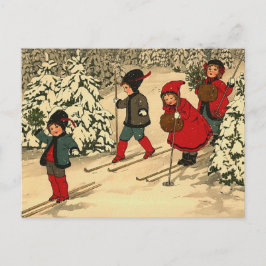Klassieke Kinderen Skiën Door een Besneeuwd Bos Briefkaart