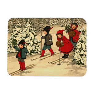Klassieke Kinderen Skiën Door een Besneeuwd Bos Magneet