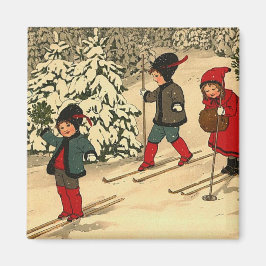Klassieke Kinderen Skiën Door een Besneeuwd Bos Magneet