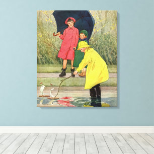 Klassieke kinderen spelen in plassen "Een regenach Canvas Afdruk