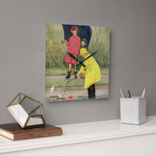 Klassieke kinderen spelen in plassen "Een regenach Vierkante Klok