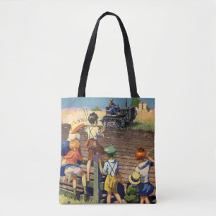Klassieke kinderen zwaaien naar lokale boer op tra tote bag