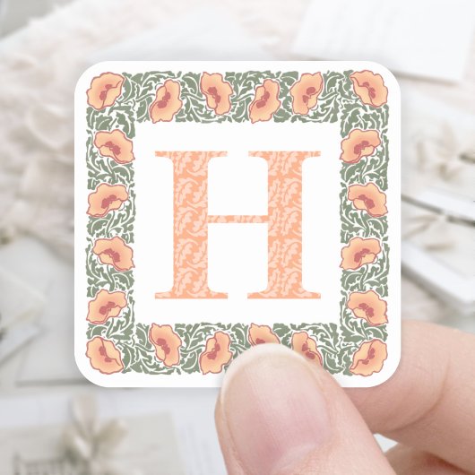 Klassieke klaprozen Oranje Bloemen & Groene Monogr Vierkante Sticker